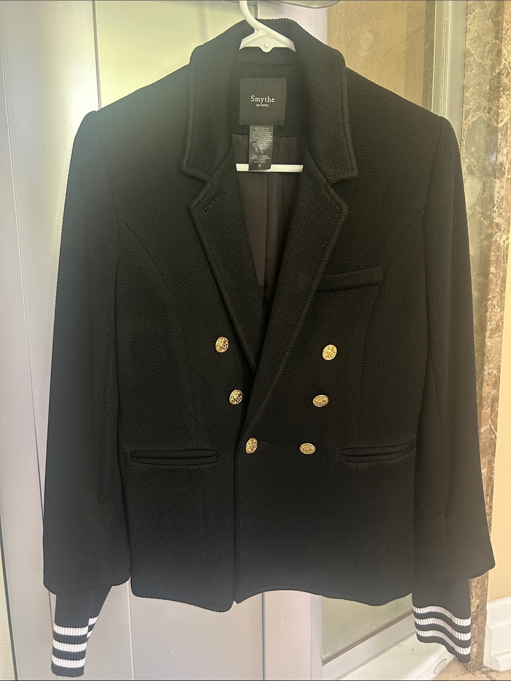 Smythe Black Double-Breasted Blazer with Gold Buttons and Striped Cuffs